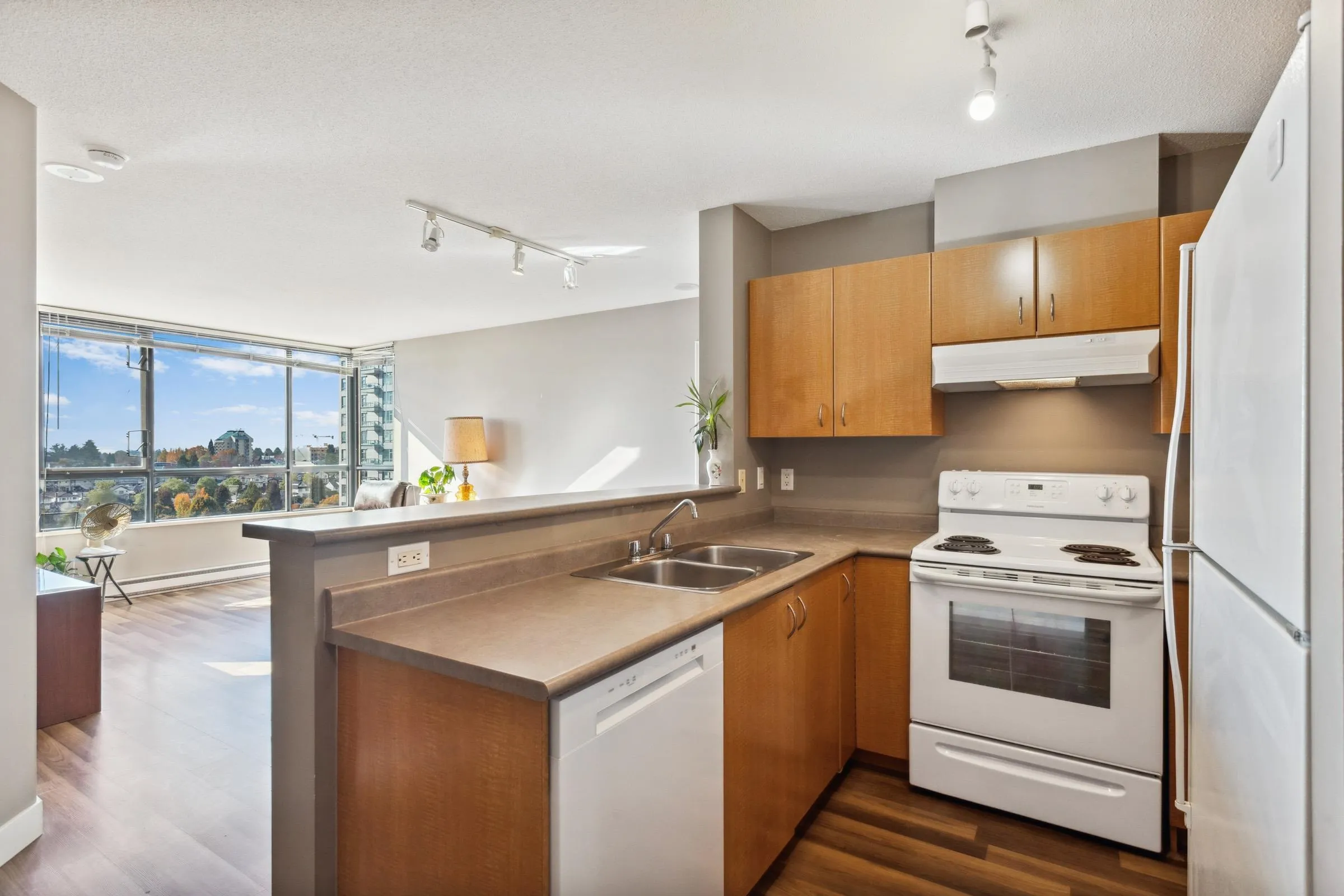 Open plan Kitchen allows natural light from the Living Room windows!