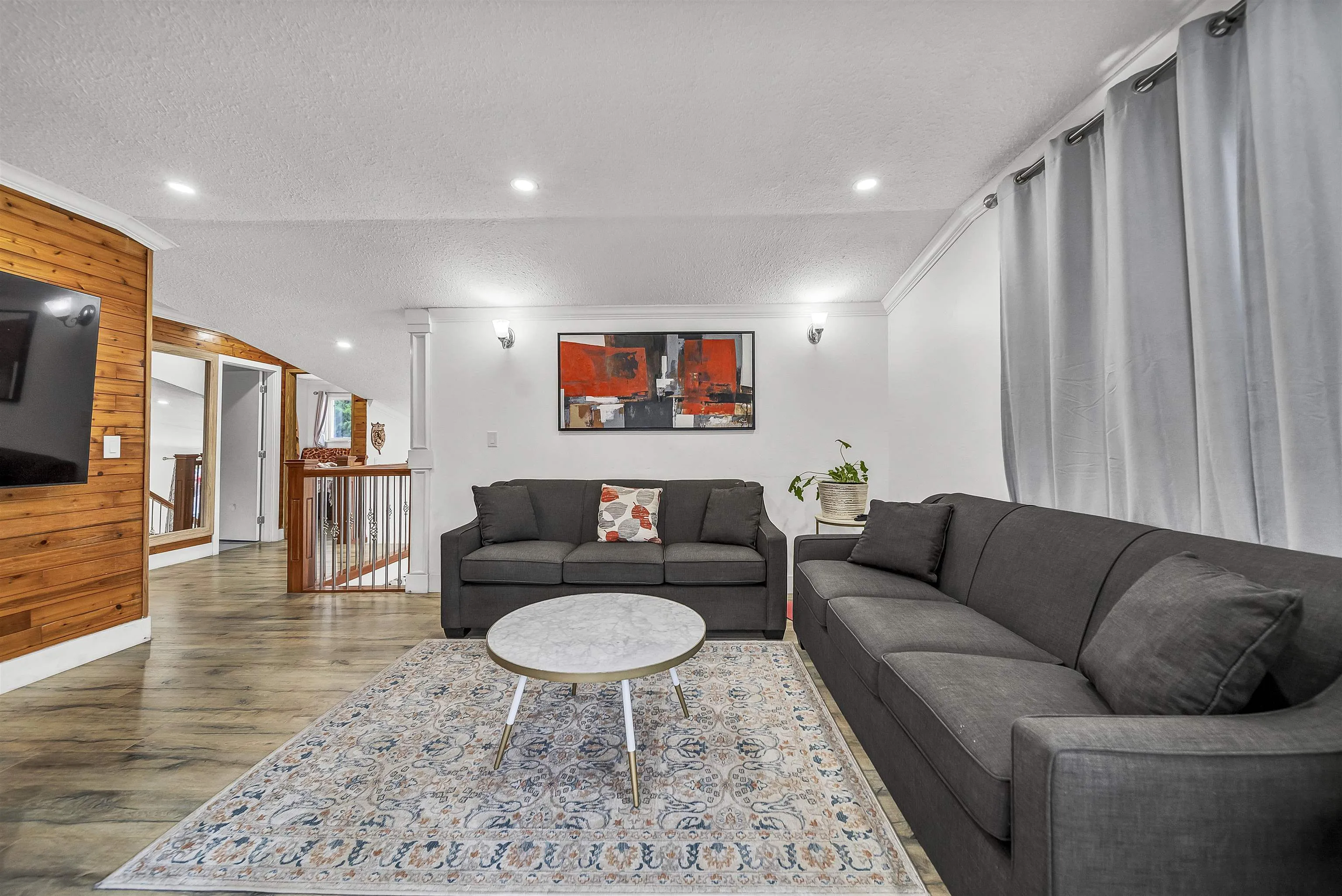 Wooden panels gives family room an authentic look.