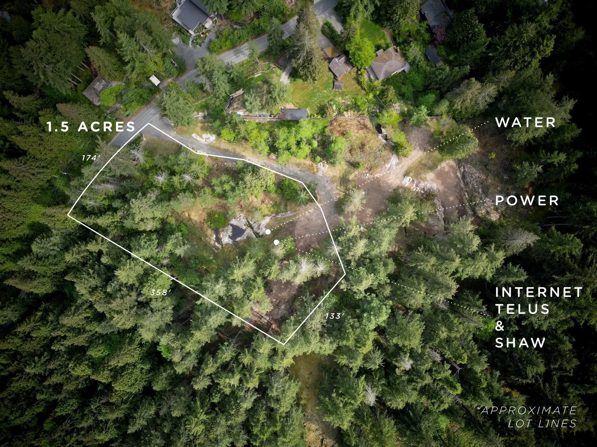 One of only two lots on Bowen fully serviced with power, water, Shaw and Telus to the build site. Jump directly into the design & build process and save yourself years treework and hundreds of thousands of dollars compared to unserviced lots (aka “servic